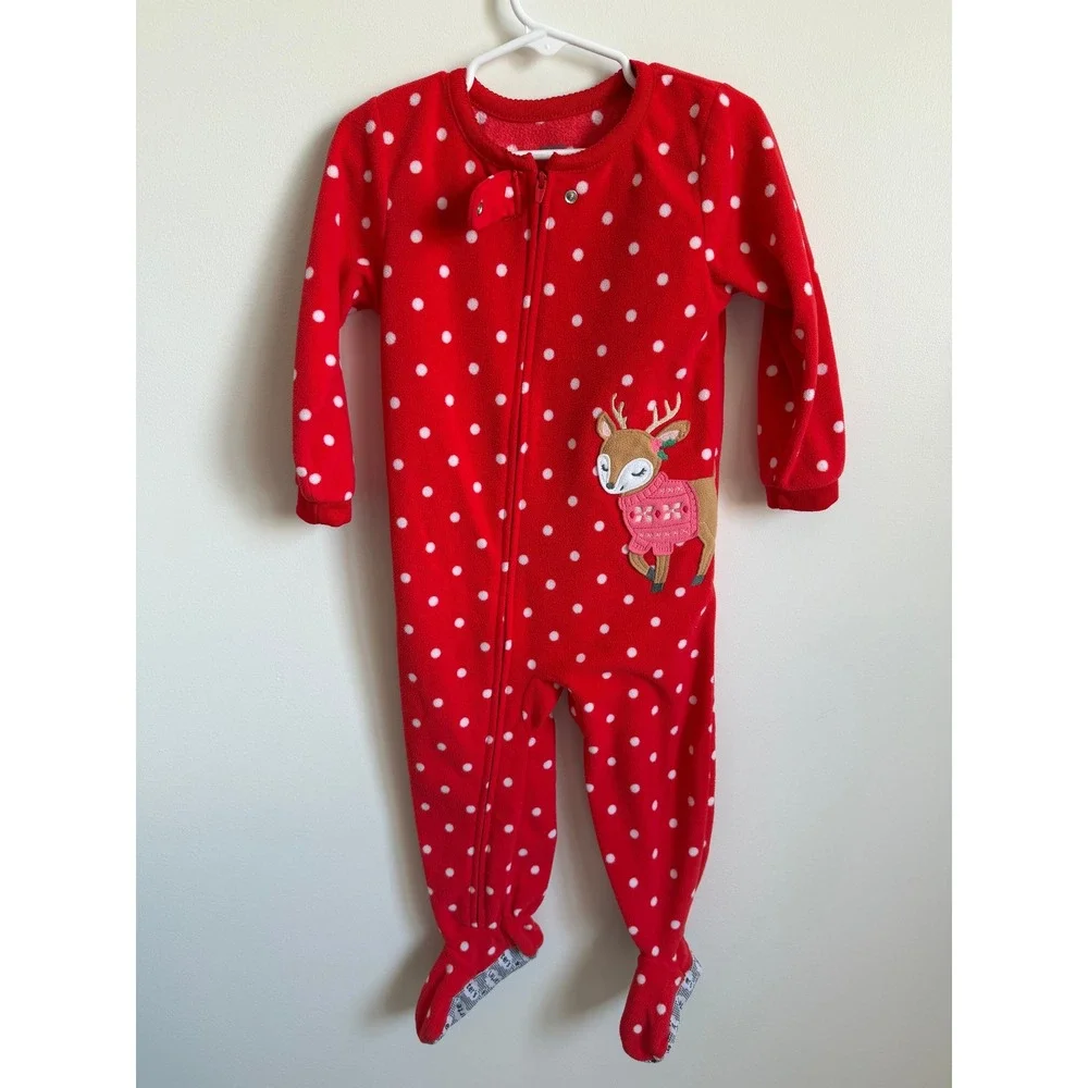 Carters Toddler Girls Red Polka Dot Reindeer Fleece Footed Pajamas 2T
